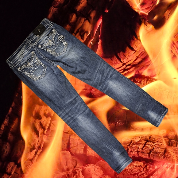 Miss Me Blue Straight Leg Jeans with Ornate Rhinestone Design - Picture 7 of 7